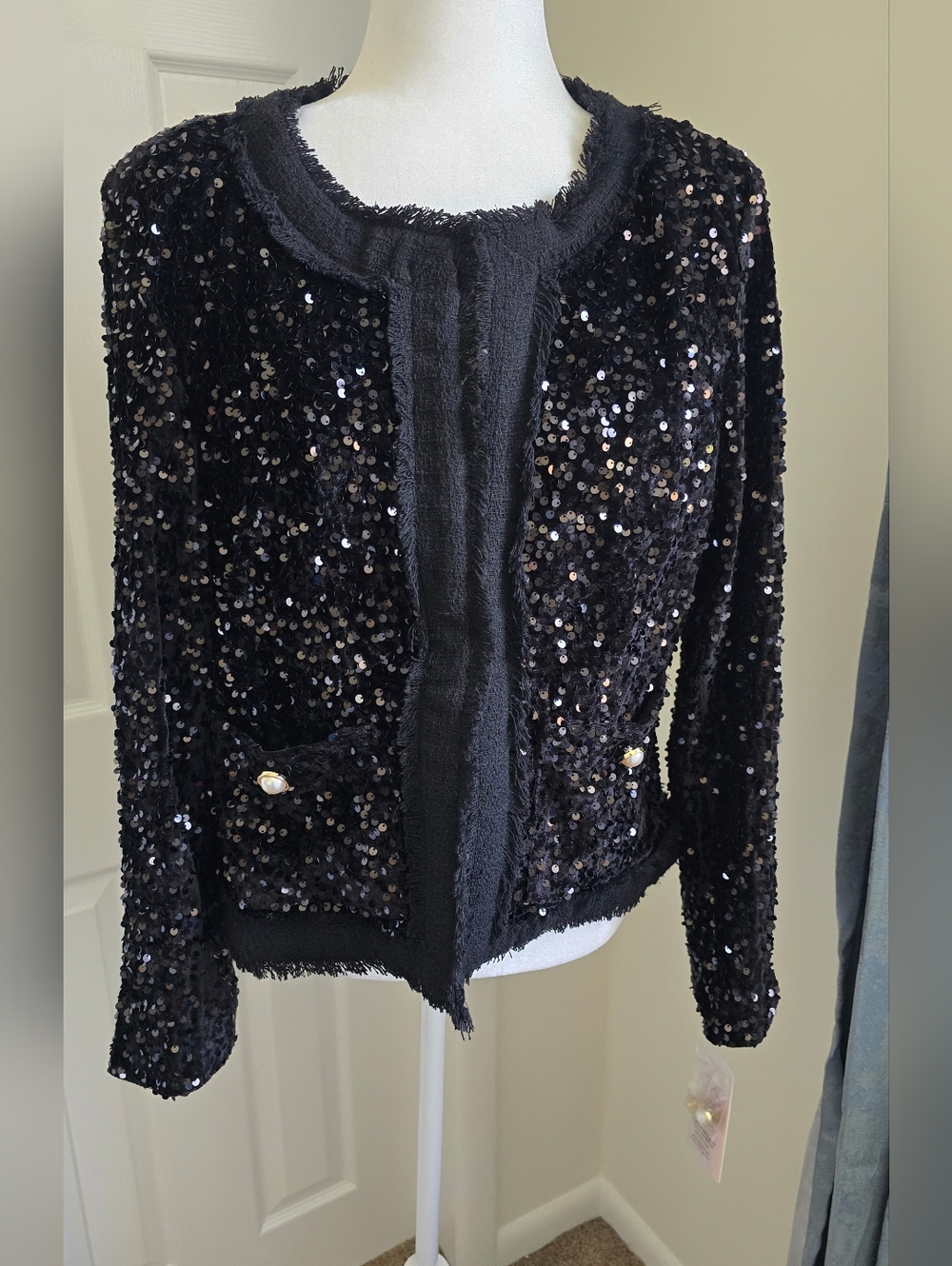 Nanette Lepore Black Sequin Fringe Jacket Sz. L, NWT - Picture 2 of 9
